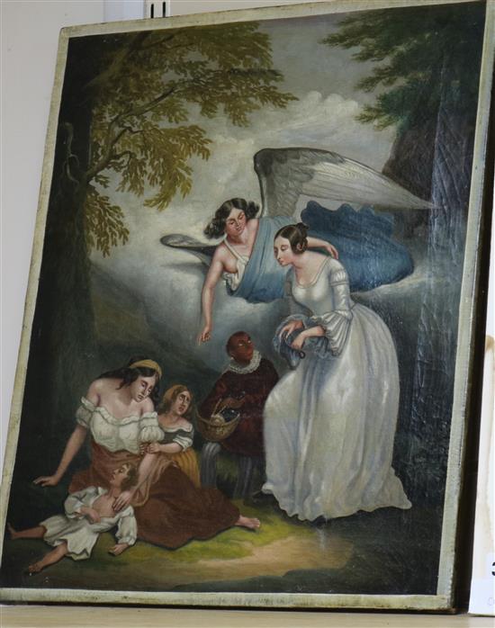Attributed to Joseph Von Fuhrich, oil on canvas, Angel appearing to a family with a stricken child, 49 x 40cm, unframed